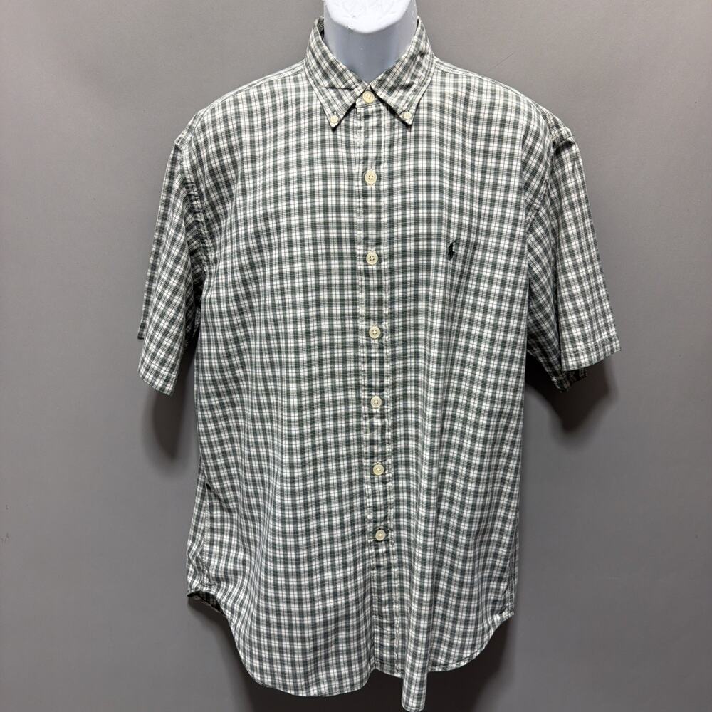 Ralph Lauren Sport Shirt Mens Large Green Plaid Button Down Short Sleeve Vintage